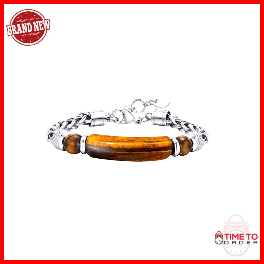 Stainless Steel Cuban Link Bracelet Adjustable Chain Tiger Eye Stone